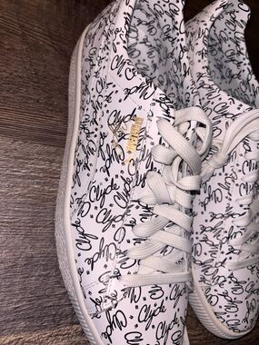 Puma Clyde White and Black Script Clyde Sneakers with Gold Logo